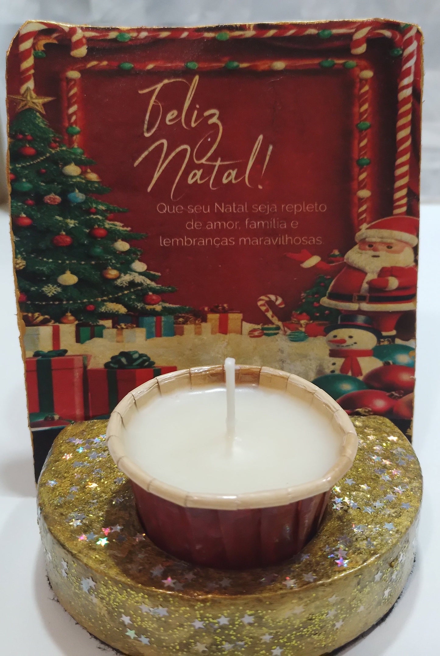 1- Conjunto de Natal 2025: Vela Aromatizada Atóxica+ Suporte+Cartão