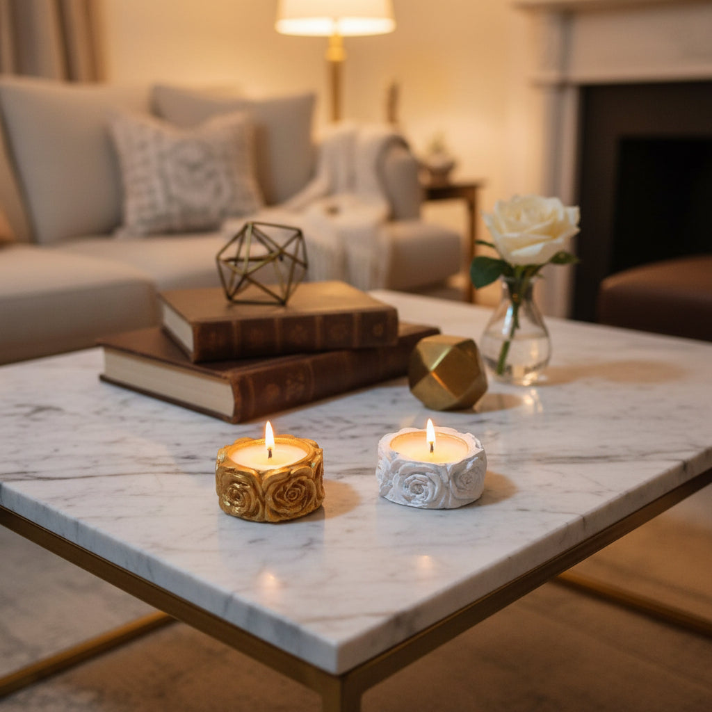 Vela atóxica + Recipiente cimento artesanal com flores.