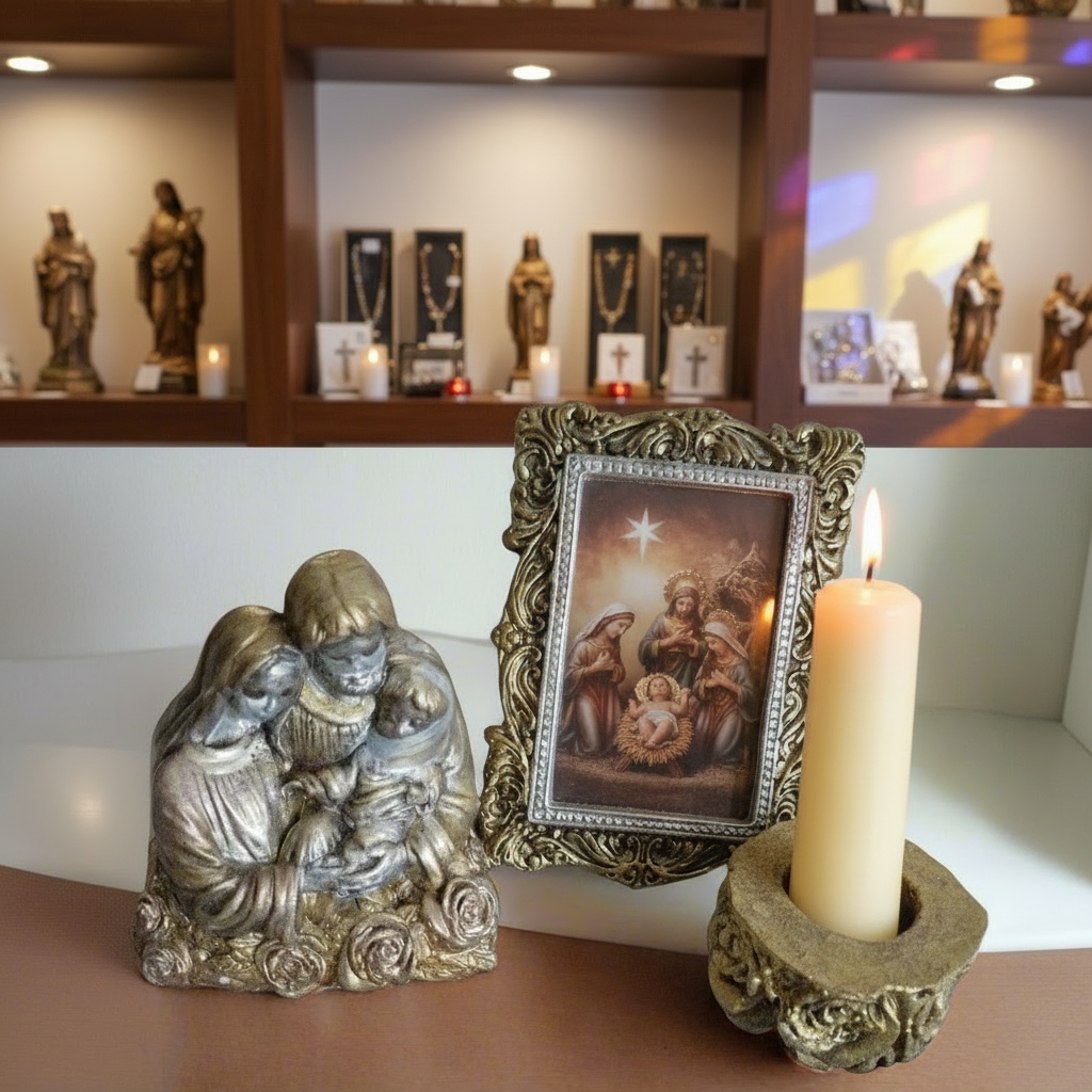 Cantinho Devocional Sagrada família + castiçal +porta retrato referência n°004