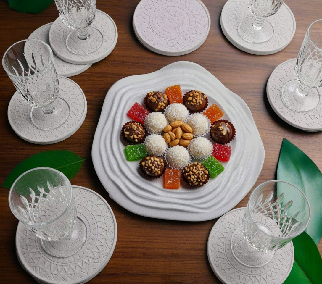 Seis porta-copos +Um prato de sobremesa:cimento artesanal