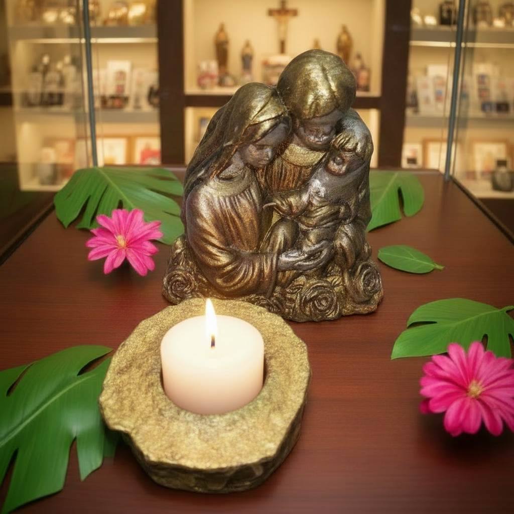 Cantinho Devocional Sagrada família + castiçal +porta retrato referência n°004