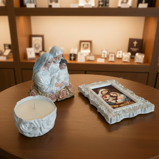 Cantinho Devocional Sagrada família + castiçal +porta retrato referência n°004
