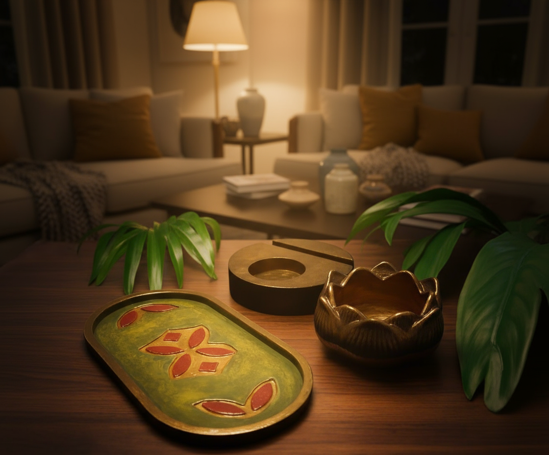 Artefatos Clássicos: bandeja + Flor de Lótus + Porta-Objetos