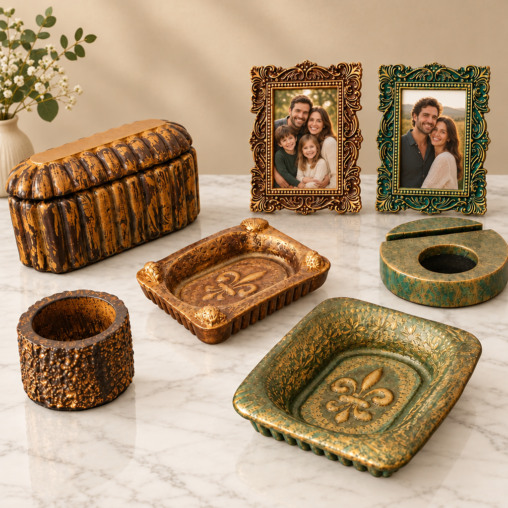 Conjunto magnífico:2 saboneteiras + 2 porta-retratos + 1 porta-caroes e Clipes + 1 recipiente + porta-vela (atóxica aromatizada essências: mel e chocolate)