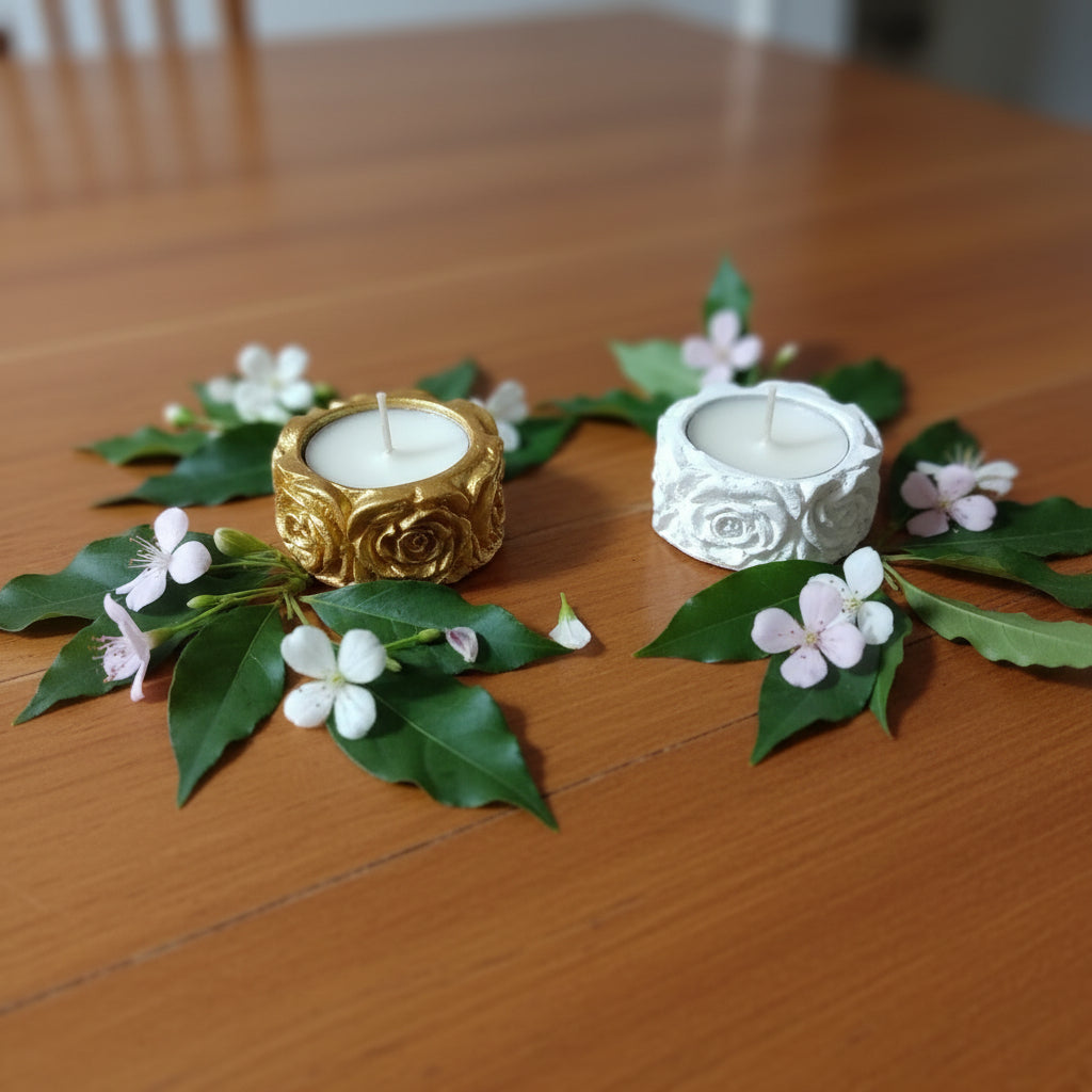 Vela atóxica + Recipiente cimento artesanal com flores.