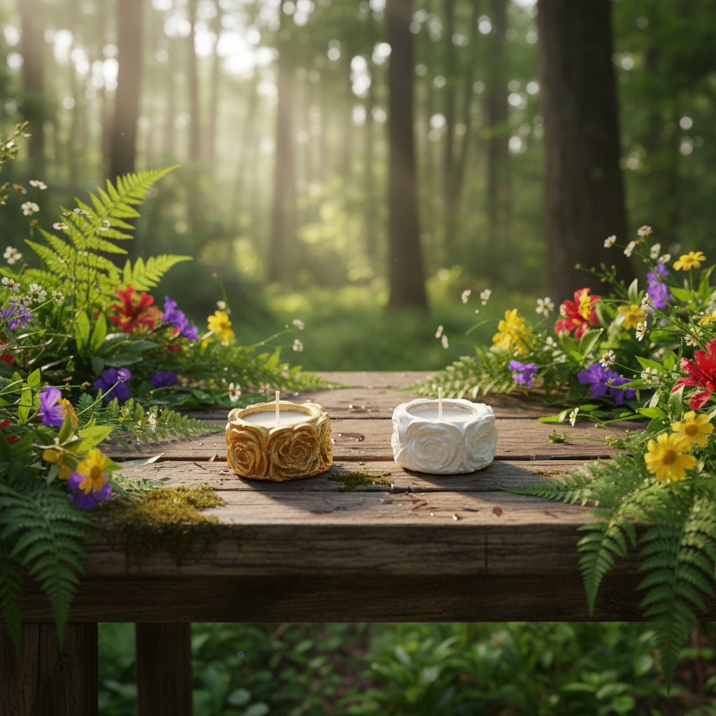 Vela atóxica + Recipiente cimento artesanal com flores.