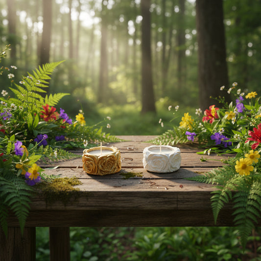 Vela atóxica + Recipiente cimento artesanal com flores.