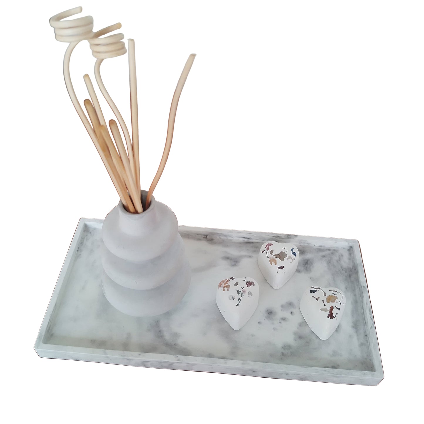 Bandeja marmorizada cinza+ Recipiente+3 corações com cristais